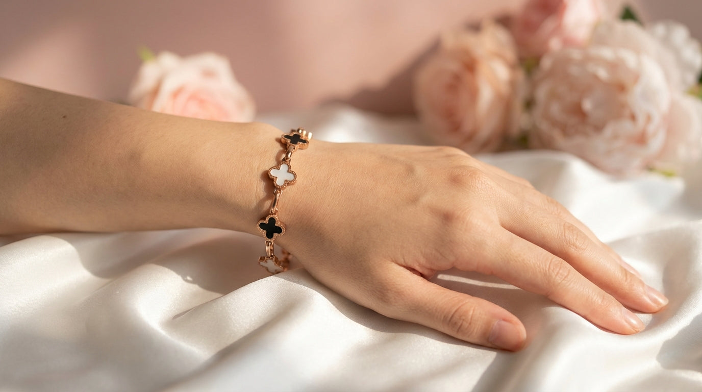 Clover Charm Bracelet – Rose Gold with Black & White Accents