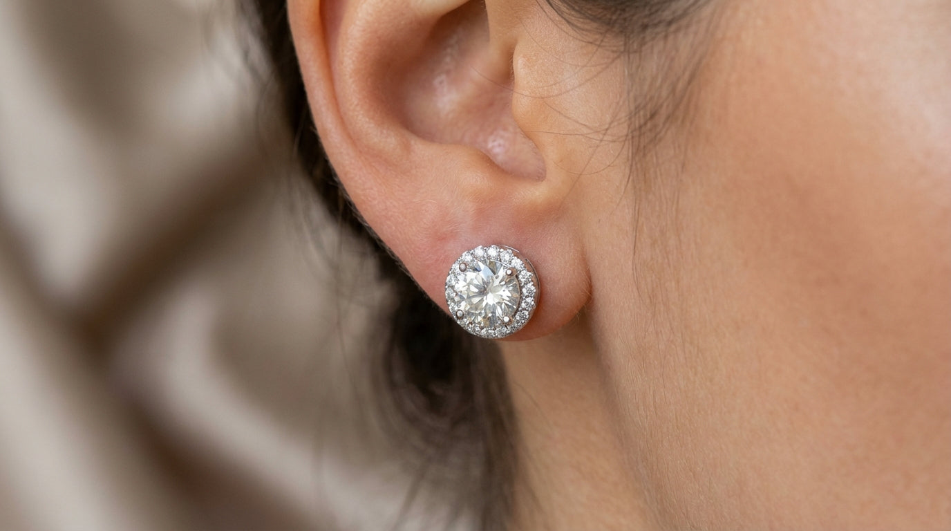 Cushion and Round Halo Diamond Stud Earrings – White Gold Finish