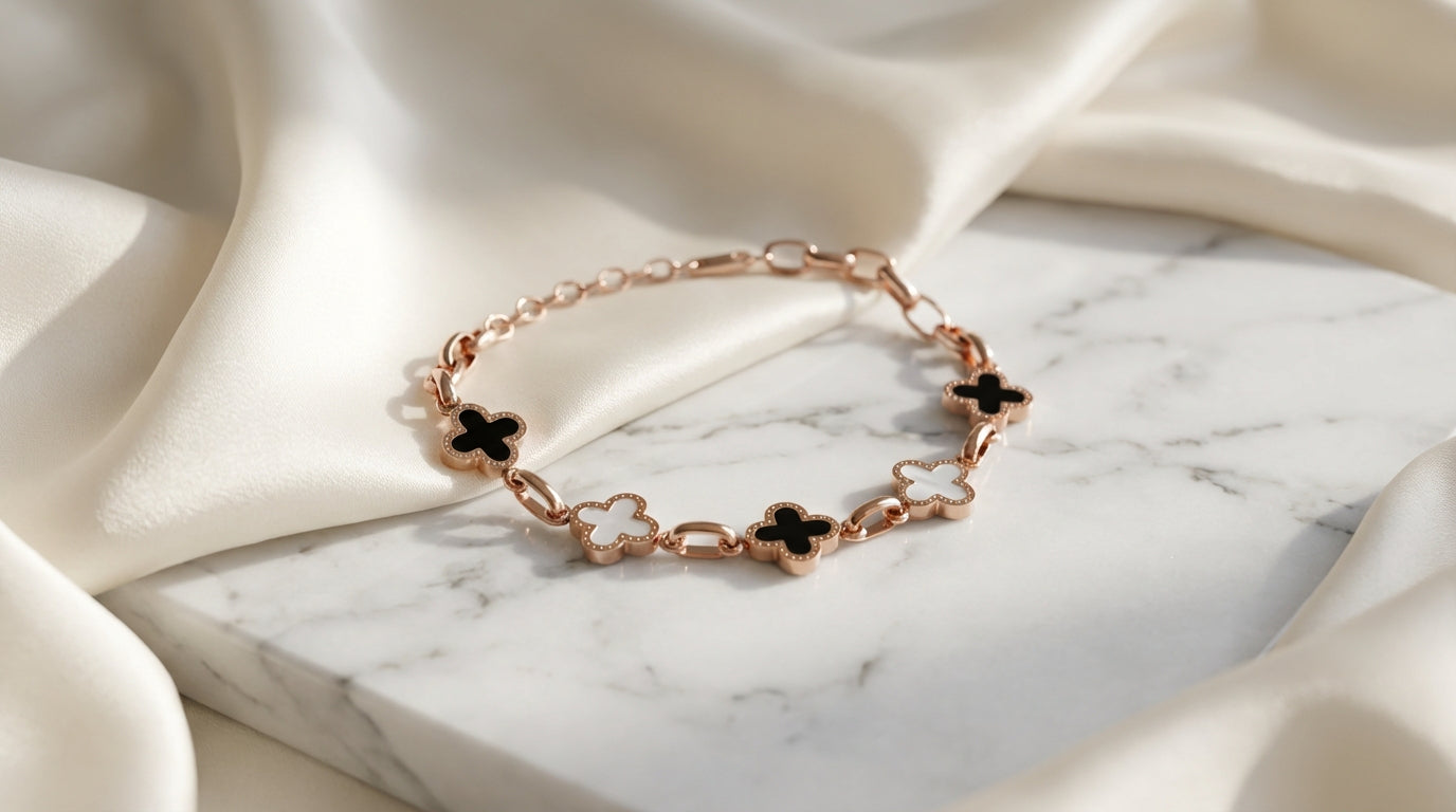 Clover Charm Bracelet – Rose Gold with Black & White Accents