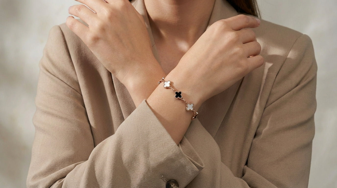 Clover Charm Bracelet – Rose Gold with Black & White Accents