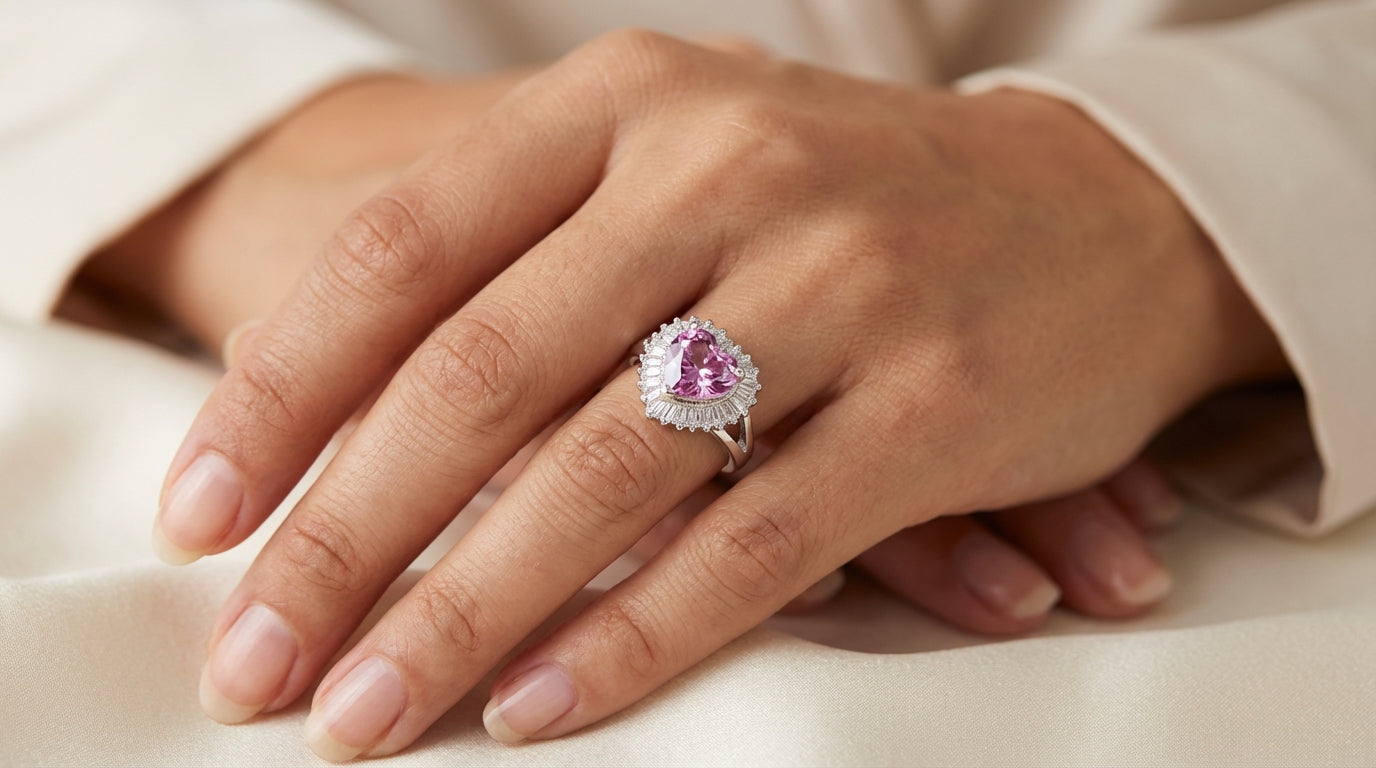 Heart-Shaped Pink Stone Halo Ring – Silver Finish