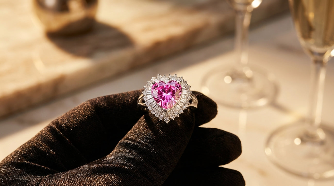 Heart-Shaped Pink Stone Halo Ring – Silver Finish