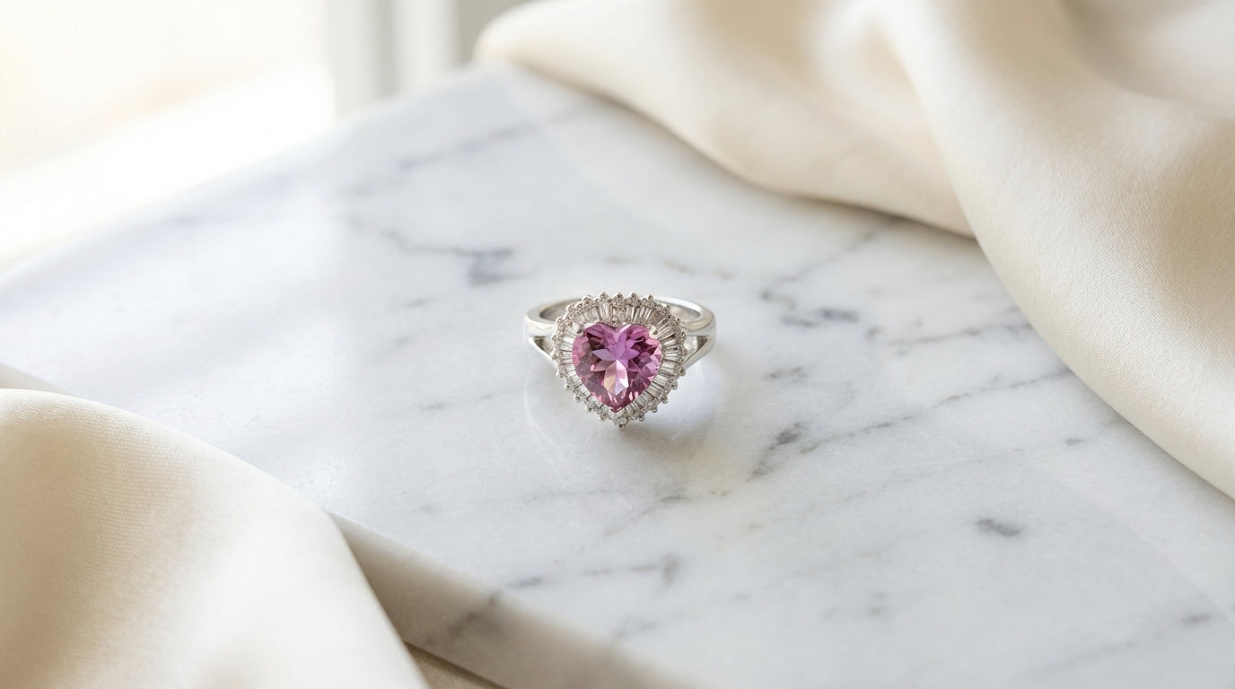Heart-Shaped Pink Stone Halo Ring – Silver Finish