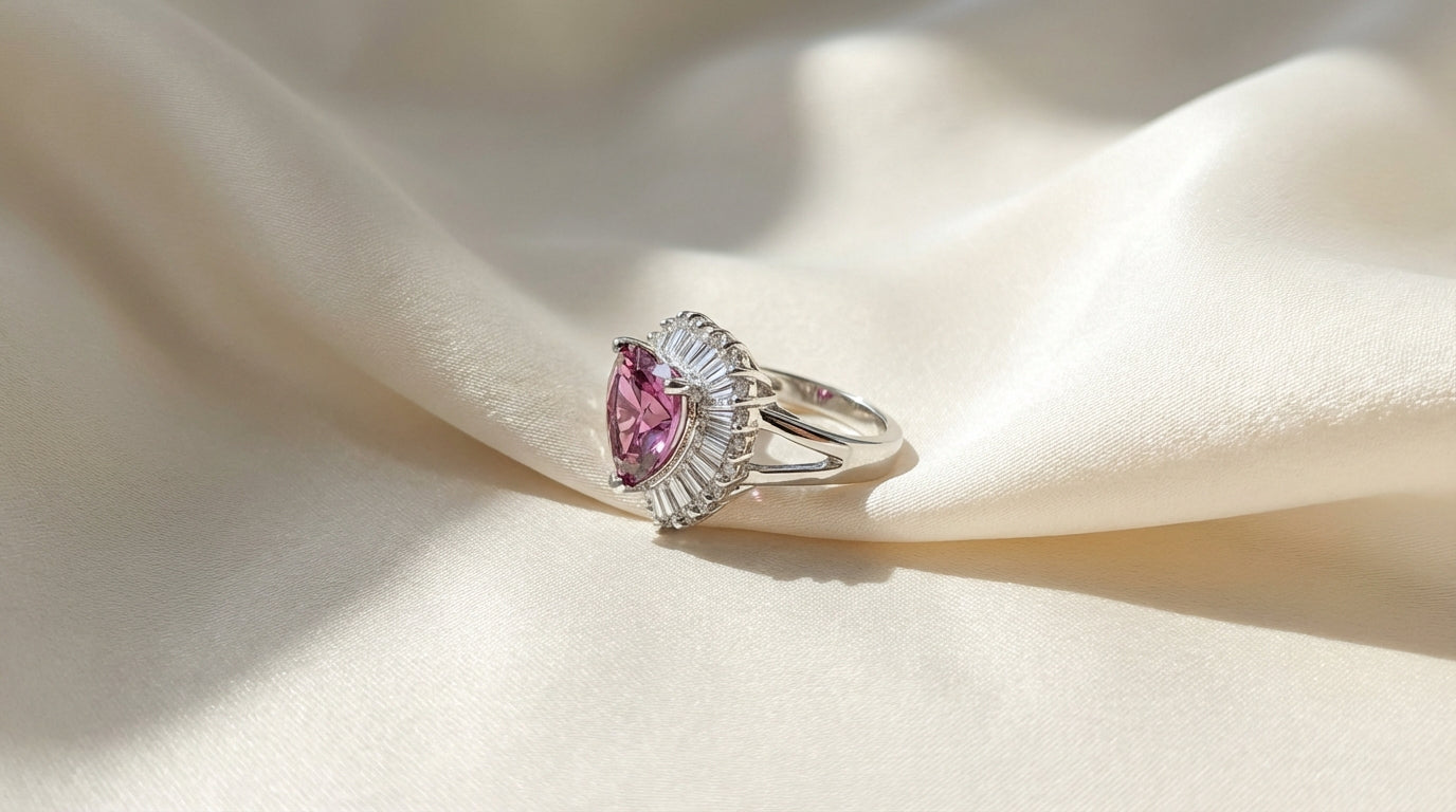 Heart-Shaped Pink Stone Halo Ring – Silver Finish