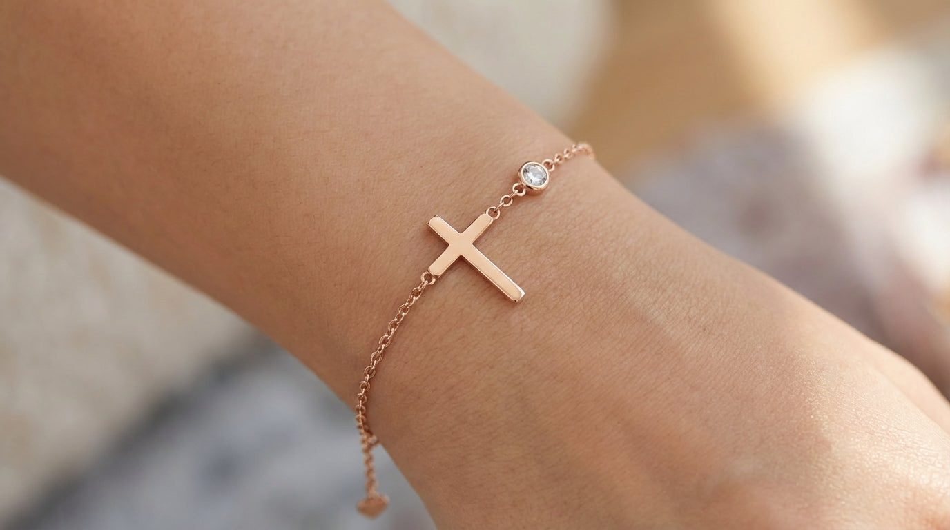 Minimal Cross Bracelet with Solitaire Accent – Silver & Rose Gold