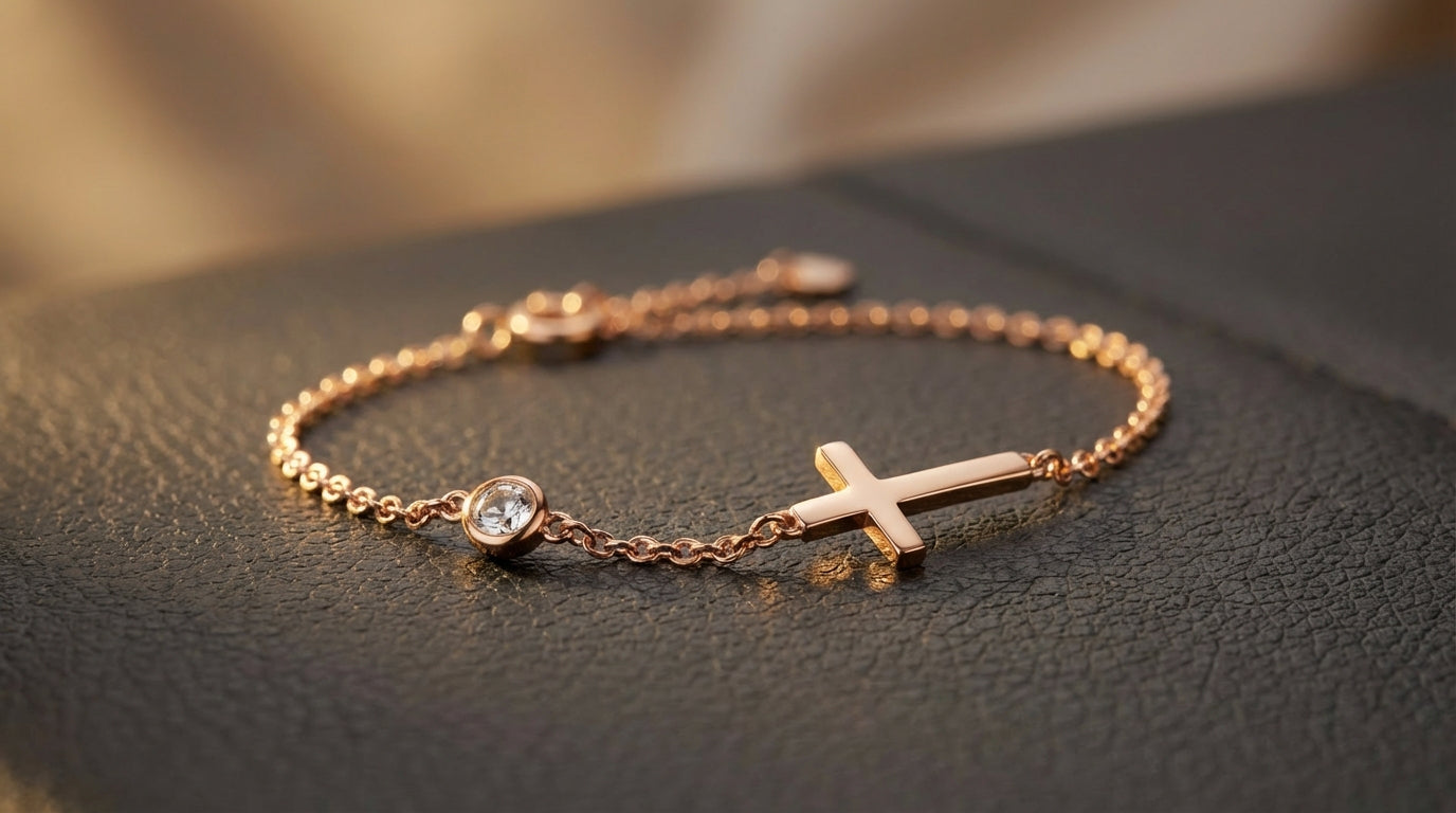 Minimal Cross Bracelet with Solitaire Accent – Silver & Rose Gold