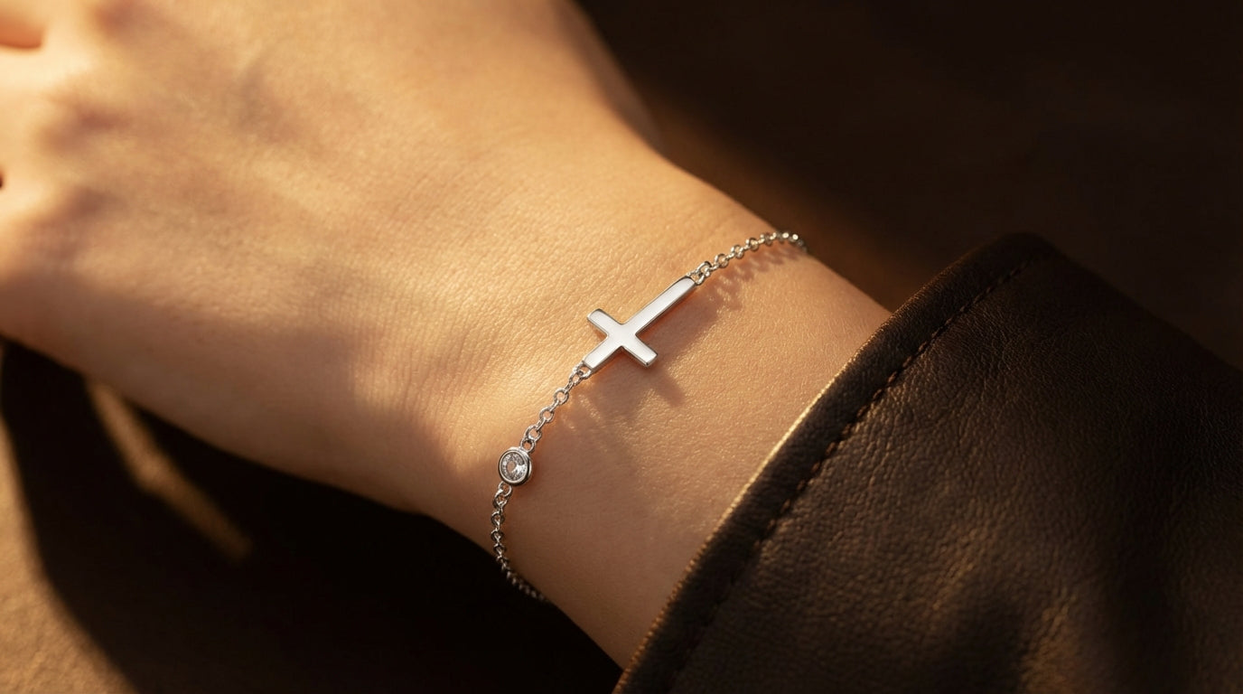 Minimal Cross Bracelet with Solitaire Accent – Silver & Rose Gold