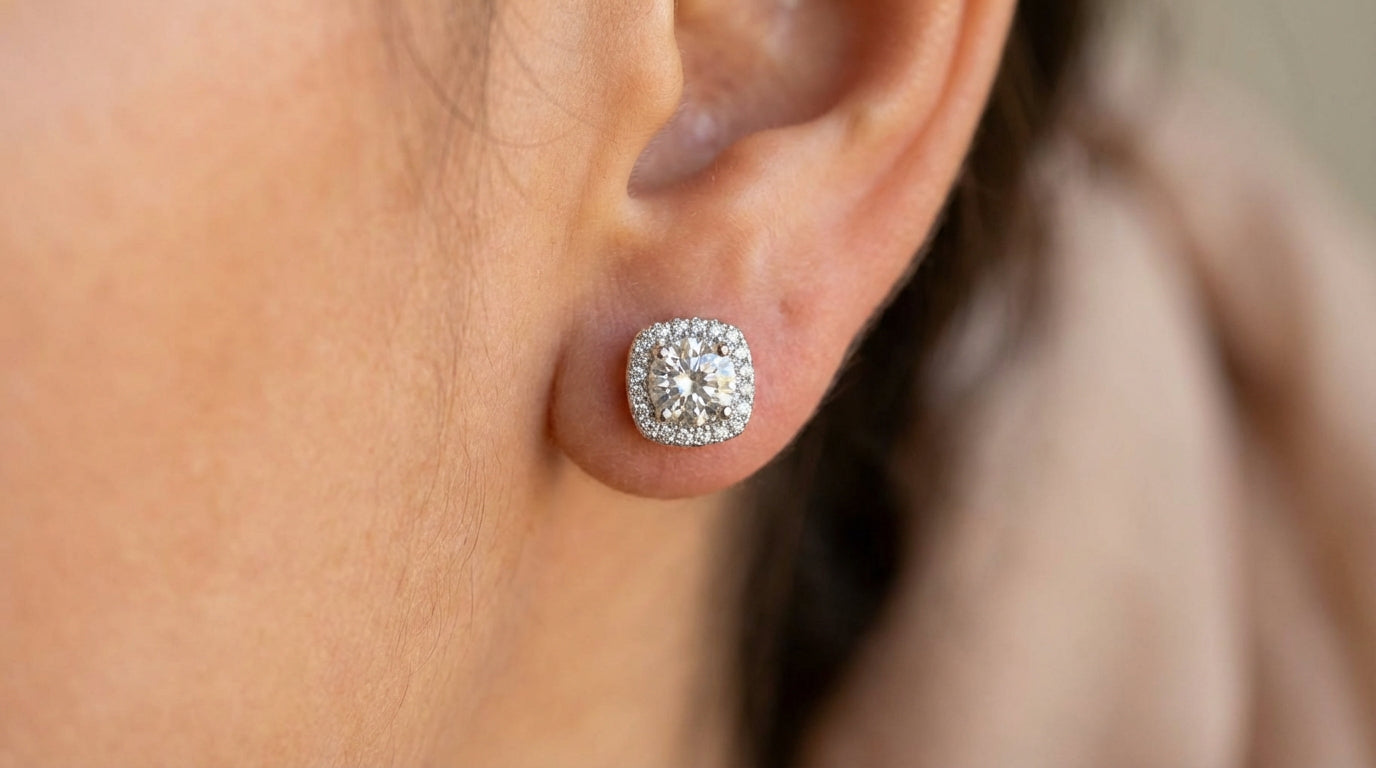 Cushion and Round Halo Diamond Stud Earrings – White Gold Finish