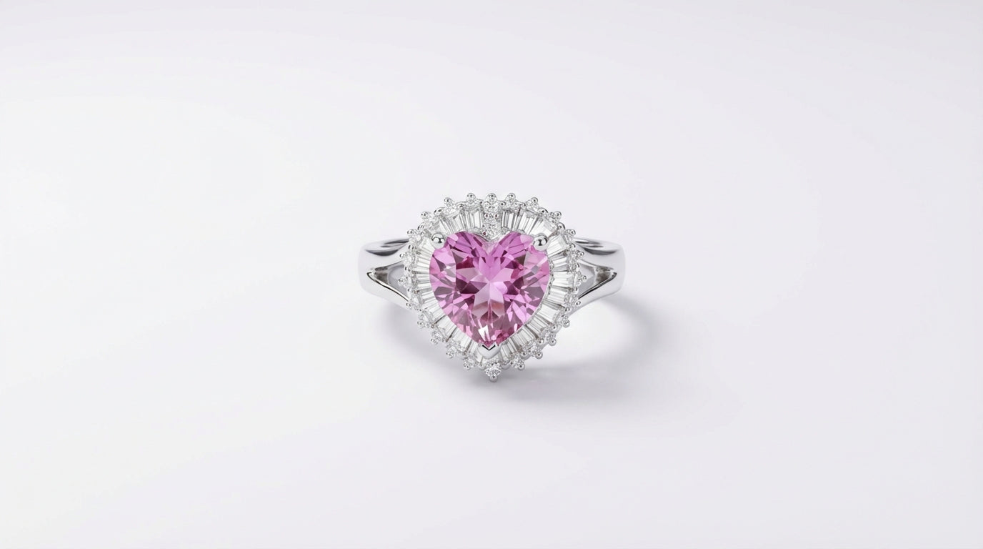 Heart-Shaped Pink Stone Halo Ring – Silver Finish