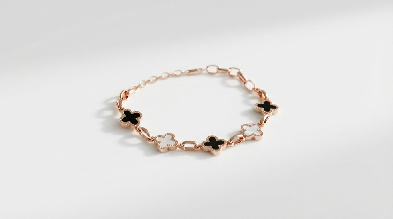 Clover Charm Bracelet – Rose Gold with Black & White Accents