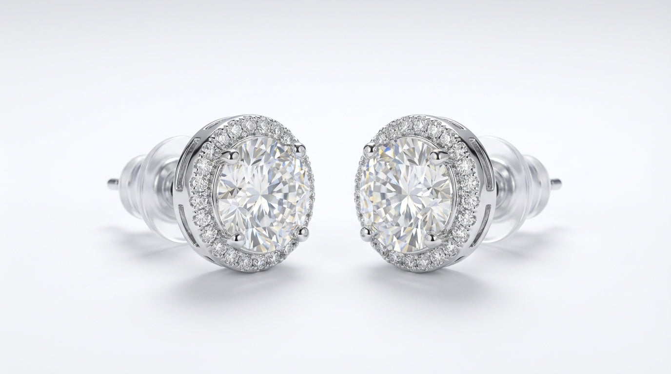 Cushion and Round Halo Diamond Stud Earrings – White Gold Finish