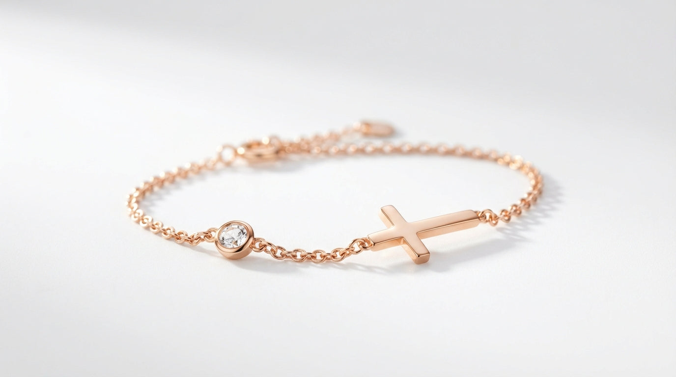Minimal Cross Bracelet with Solitaire Accent – Silver & Rose Gold