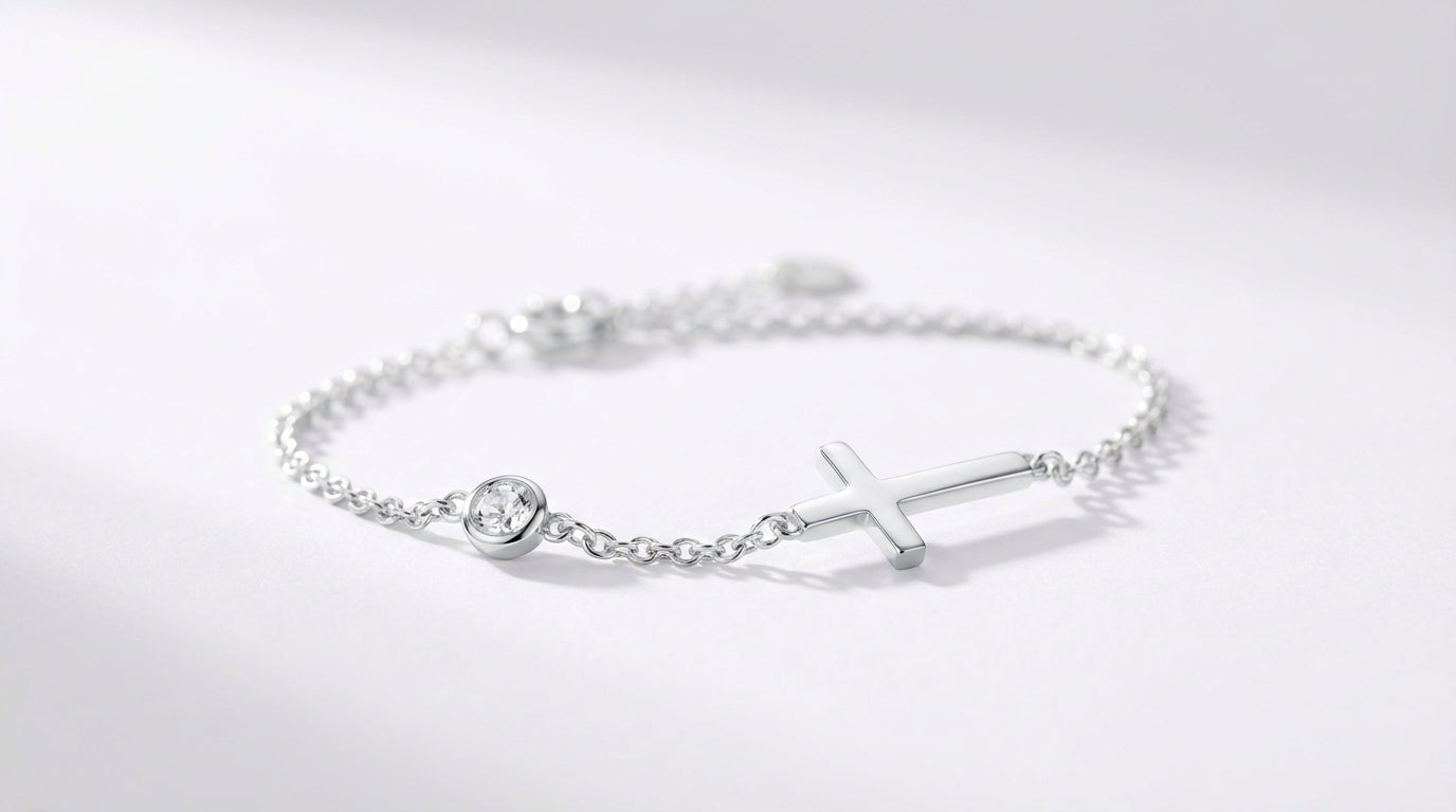 Minimal Cross Bracelet with Solitaire Accent – Silver & Rose Gold