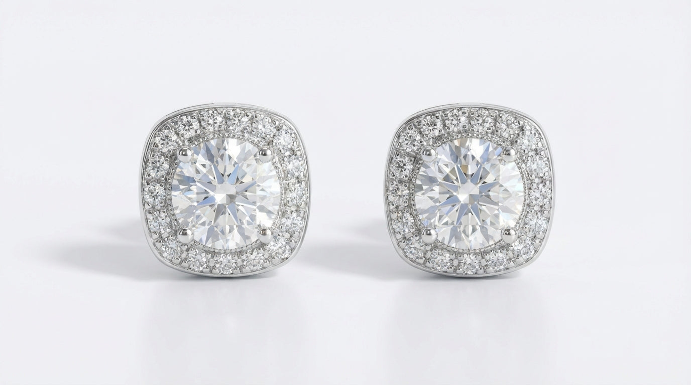 Cushion and Round Halo Diamond Stud Earrings – White Gold Finish